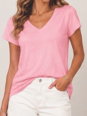 Lands’ End Shaper Fit 100% Cotton V-Neck Tee | Baby Pink | EUC | Women’s Large